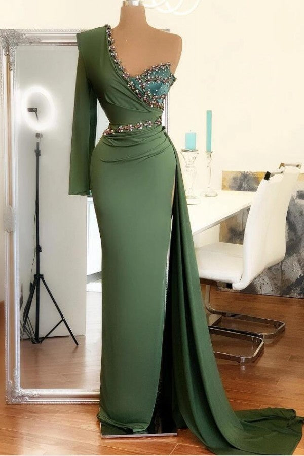 Party Dress Glitter, Long Mermaid One Shoulder Front Slit Prom Dress With Sleeves