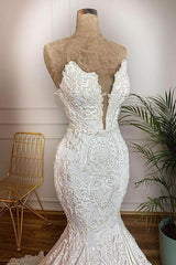 Wedding Dress Classy Elegant, Long Mermaid Strapless Appliques Lace Satin Wedding Dress