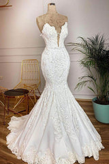 Wedding Dress Elegant Classy, Long Mermaid Strapless Appliques Lace Satin Wedding Dress