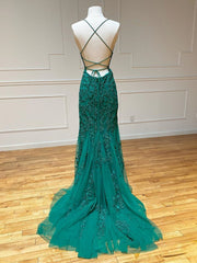 Classy Outfit, Long Mermaid Strapless Tulle Open Back Lace Formal Prom Dresses