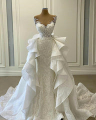 Wedding Dresses For Beach Wedding, Long Mermaid Sweetheart Appliques Lace Wedding Dress With Detachable Train