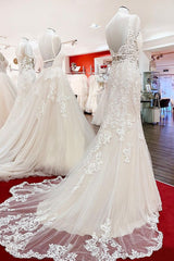 Wedding Dress Fabrics, Long Mermaid Tulle Sleeveless Lace Backless Wedding Dress