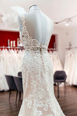 Wedding Dress Fabric, Long Mermaid Tulle Sleeveless Lace Backless Wedding Dress