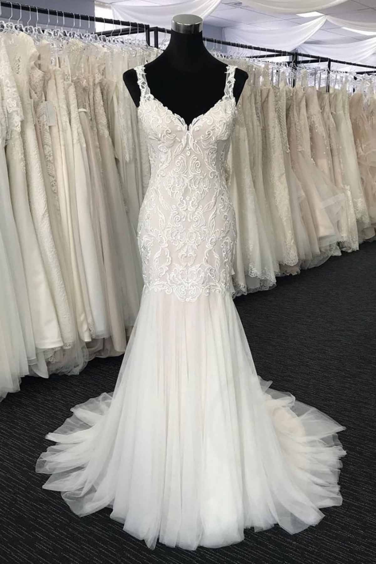 Wedding Dresses Fitted, Long Mermaid Tulle V Neck Lace Wedding Dress