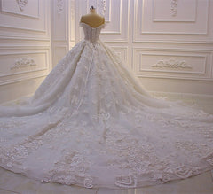 Wedding Dress Accessory, Long Princess Sweetheart Off-the-Shoulder Backless Appliques Lace Ruffles Tulle Wedding Dress