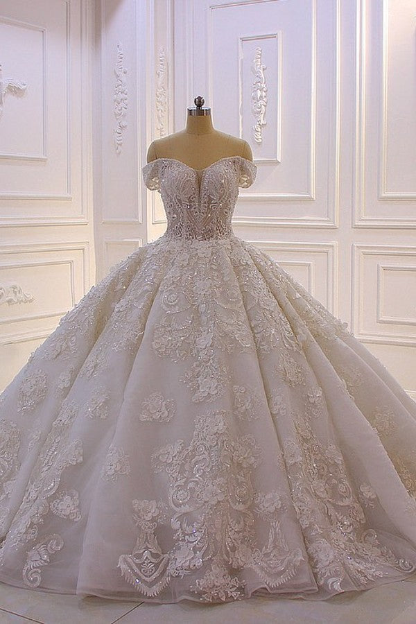 Wedding Dress With Sleeve, Long Princess Sweetheart Off-the-Shoulder Backless Appliques Lace Ruffles Tulle Wedding Dress