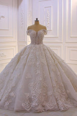 Wedding Dress With Sleeve, Long Princess Sweetheart Off-the-Shoulder Backless Appliques Lace Ruffles Tulle Wedding Dress
