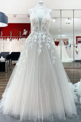 Wedding Dresses Shop, Long Princess Tulle V Neck Sequins Lace Appliques Wedding Dress