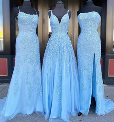 Bridesmaid Dress Beach, Long Prom Dresses with Applique,8th Graduation Dress School Dance Sky Blue Formal Dresses