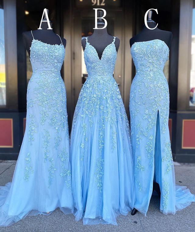 Bridesmaids Dress Beach, Long Prom Dresses with Applique,8th Graduation Dress School Dance Sky Blue Formal Dresses