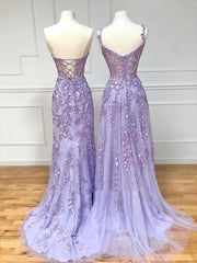 Party Dress Ideas, Long Purple Lace Prom Dresses,Unique A Line Formal Evening Dress