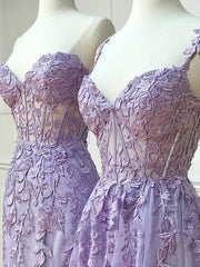 Party Dresses Short, Long Purple Lace Prom Dresses,Unique A Line Formal Evening Dress