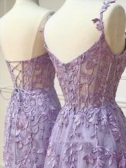 Party Dress Outfit, Long Purple Lace Prom Dresses,Unique A Line Formal Evening Dress