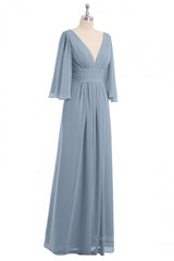 Bridesmaid Dresses Floral, Long Sleeve Empire Dusty Blue Long Bridesmaid Dress