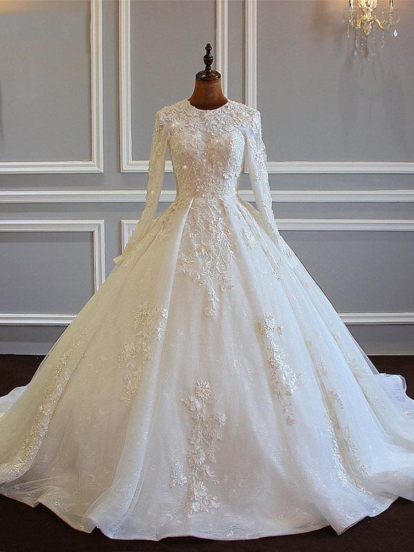 Wedding Dress With Lacing, Long Sleeved Ball Gown Satin Wedding Dresses With Lace Flowers
