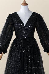 Homecoming Dresses Short, Long Sleeves Black Starry Tulle Midi Dress