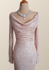 Backless Prom Dress, Long Sleeves Champagne Sequin Cowl Neck Dress