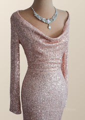 Long Dress Formal, Long Sleeves Champagne Sequin Cowl Neck Dress
