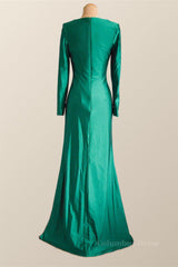 Formal Dresses Simple, Long Sleeves Green Knotted Front Gown