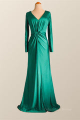 Formal Dress Simple, Long Sleeves Green Knotted Front Gown