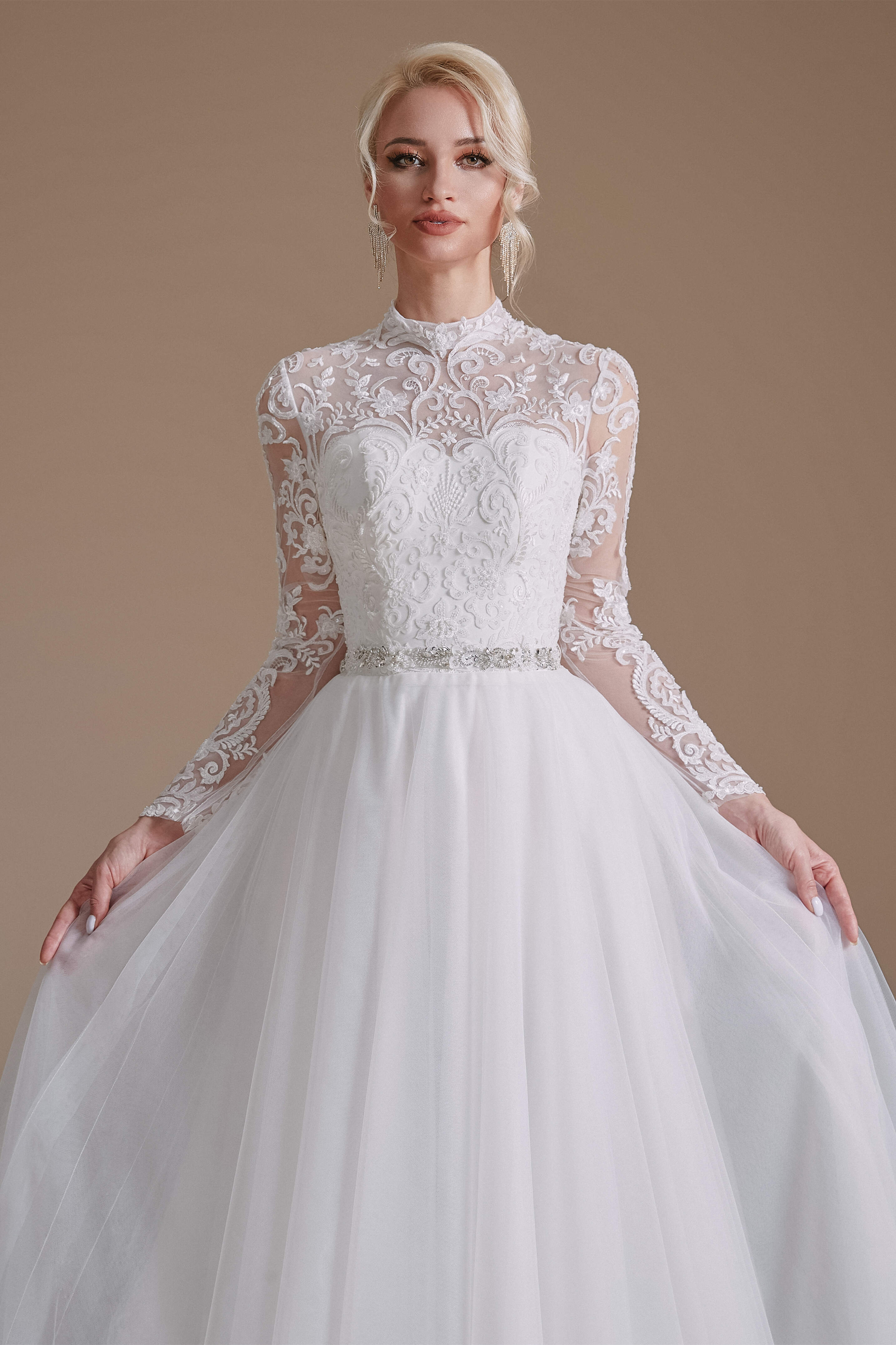 Wedding Dress Casual, Long Sleeves High Neck with Tulle Train Full A-Line Wedding Dresses