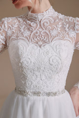Wedding Dresses Sexy, Long Sleeves High Neck with Tulle Train Full A-Line Wedding Dresses