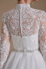 Wedding Dresses Tops, Long Sleeves High Neck with Tulle Train Full A-Line Wedding Dresses