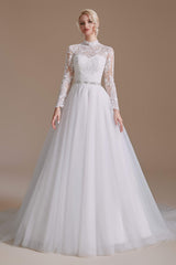 Wedding Dresses Top, Long Sleeves High Neck with Tulle Train Full A-Line Wedding Dresses