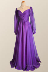 Formal Dresses Graduation, Long Sleeves Purple A-line Long Formal Dress