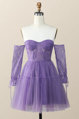 Bridal Shoes, Long Sleeves Purple Lace and Tulle Short Homecoming Dress