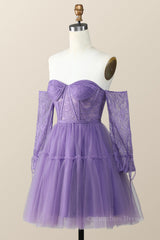 Ball Dress, Long Sleeves Purple Lace and Tulle Short Homecoming Dress