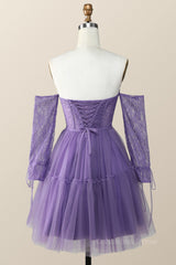 Spring Wedding Color, Long Sleeves Purple Lace and Tulle Short Homecoming Dress