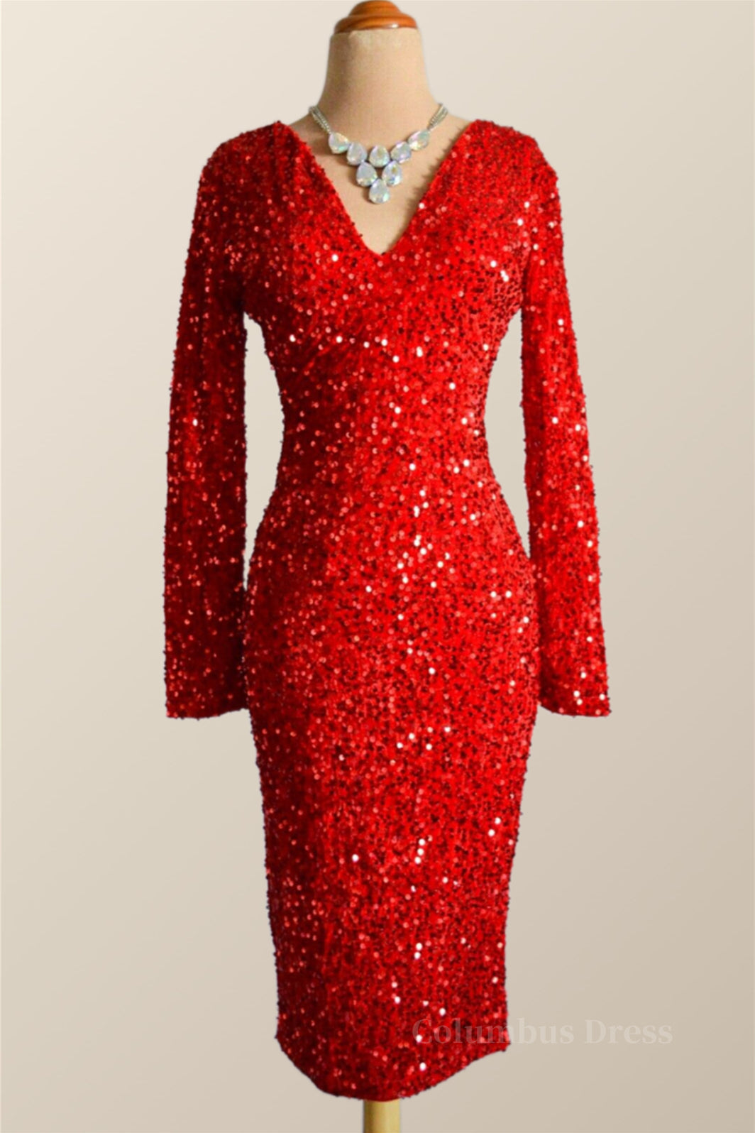 Formal Dress Outfit, Long Sleeves Red Sequin Tight Dress