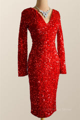 Formal Dressing Style, Long Sleeves Red Sequin Tight Dress