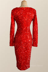 Formal Dress Style, Long Sleeves Red Sequin Tight Dress