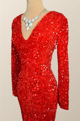 Formal Dress Styles, Long Sleeves Red Sequin Tight Dress