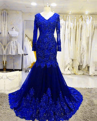 Prom Dress Glitter, Long Sleeves V-neck Lace Prom Mermaid Dresses,Women Evening Dress