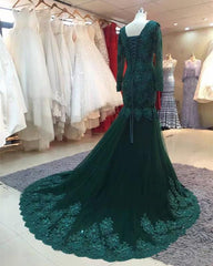 Prom Dress Long With Slit, Long Sleeves V-neck Lace Prom Mermaid Dresses,Women Evening Dress