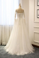 Wedding Dress Elegant, Long Sleeves White Tulle Prom Wedding Dresses, Long Sleeves White Tulle Formal Evening Dresses