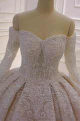 Wedding Dresses Trend, Long Sleevess Ball Gown Off the shoulder Sequins Wedding Dress