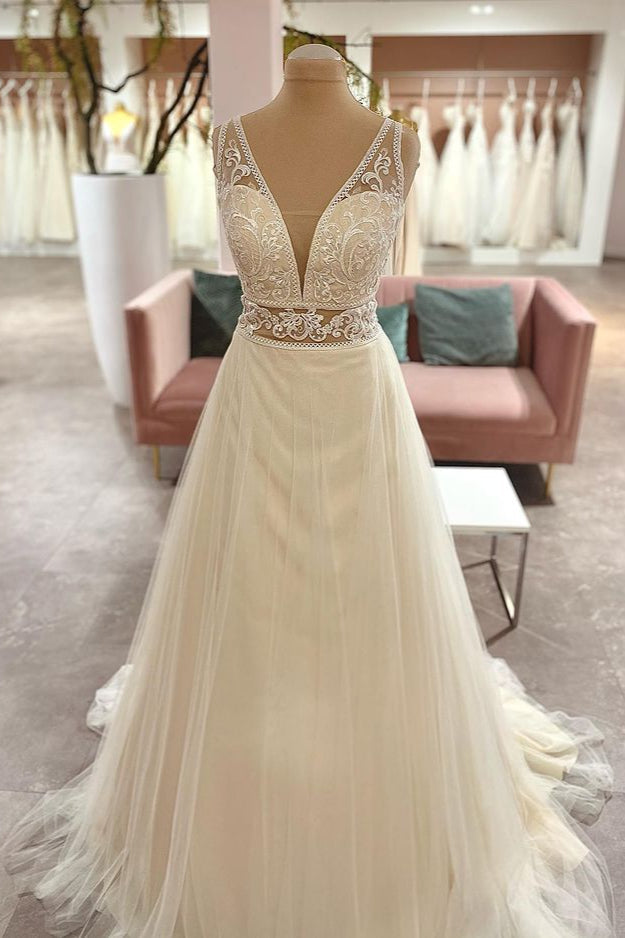 Wedding Dresses Bridesmaid, Long Sweetheart A-Line Tulle Appliques Lace Wedding Dress