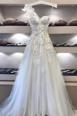 Bridesmaid Dresses Wedding, Long White Sweetheart Neck Lace Applique Prom Dress, Evening Dresses