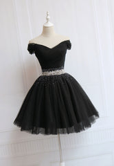 Bridesmaid Dress Gown, Black Off the Shoulder Short Prom Dress, A-Line Homecoming Dress