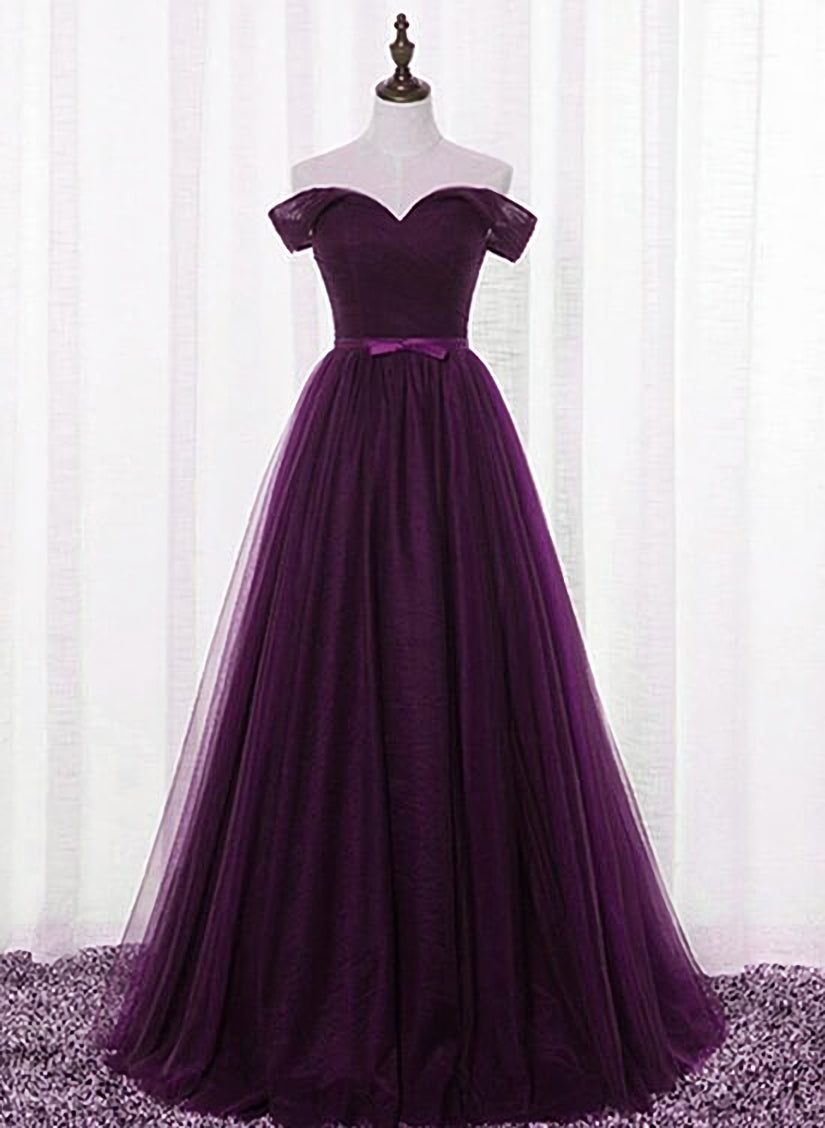 Evening Dresses Classy, Lovely Dark Purple Tulle V-neckline Prom Dress , Long Bridesmaid Dress