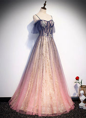 Winter Wedding, Lovely Gradient A-line Tulle with Lace Long Prom Dress, Long Formal Dress Party Dress