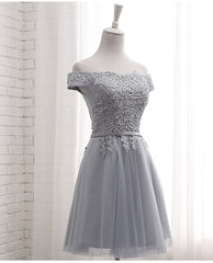 Prom Dress Shops Near Me, Lovely Grey Short Tulle Party Dress with Lace Applique, Bridesmaid Dresses  Cute Formal Dress