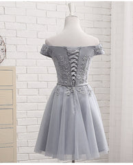 Prom Dress Shop Near Me, Lovely Grey Short Tulle Party Dress with Lace Applique, Bridesmaid Dresses  Cute Formal Dress