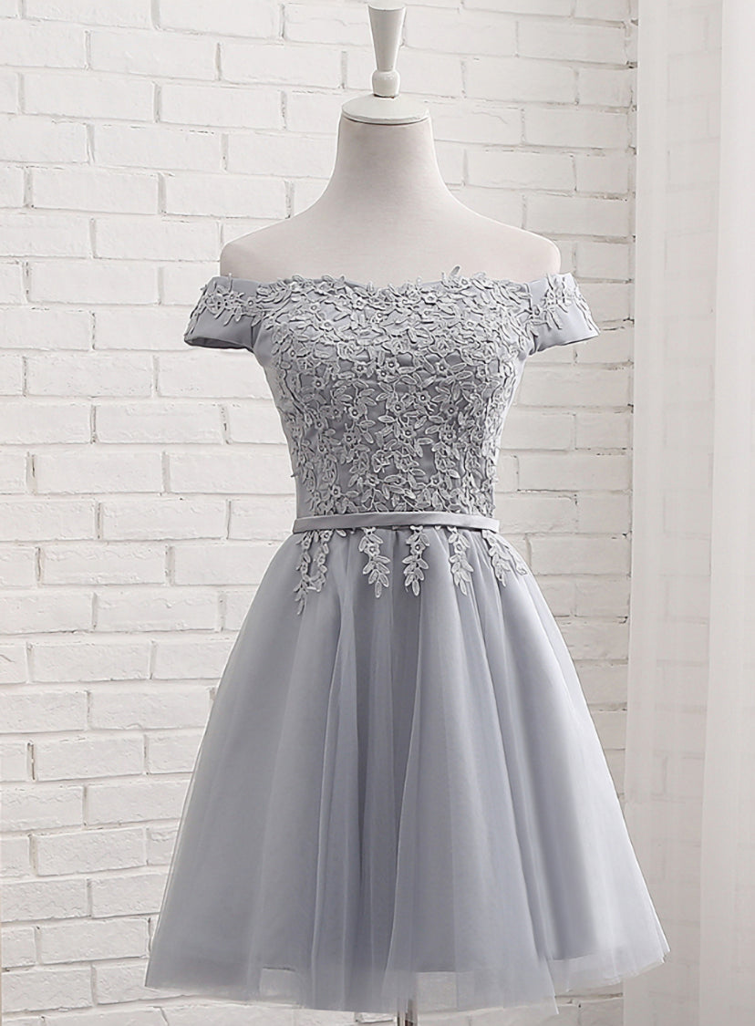 Prom Dress Shopping Near Me, Lovely Grey Short Tulle Party Dress with Lace Applique, Bridesmaid Dresses  Cute Formal Dress