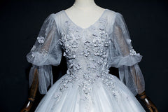 Prom Dresses Tulle, Lovely Grey Tulle Puffy Sleeves with Lace Long Formal Dress, Sweet 16 Dresses