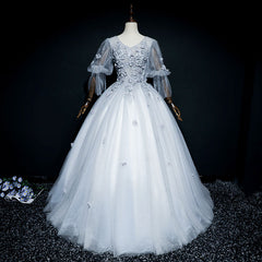 Prom Dress Blue, Lovely Grey Tulle Puffy Sleeves with Lace Long Formal Dress, Sweet 16 Dresses